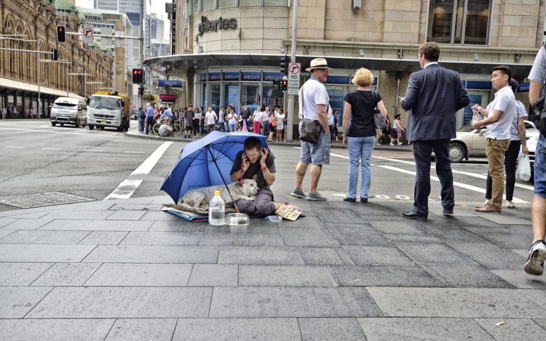 homeless person on streets of Sydney with dog
