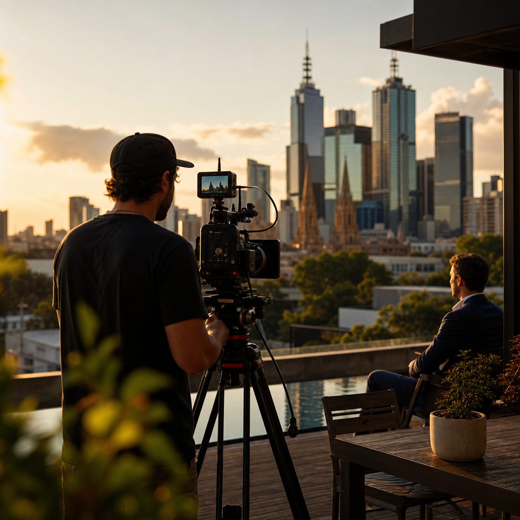 Corporate video production crew filming an interview in Melbourne