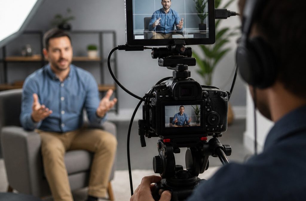 Camera operator films a man speaking during a professional corporate video interview.