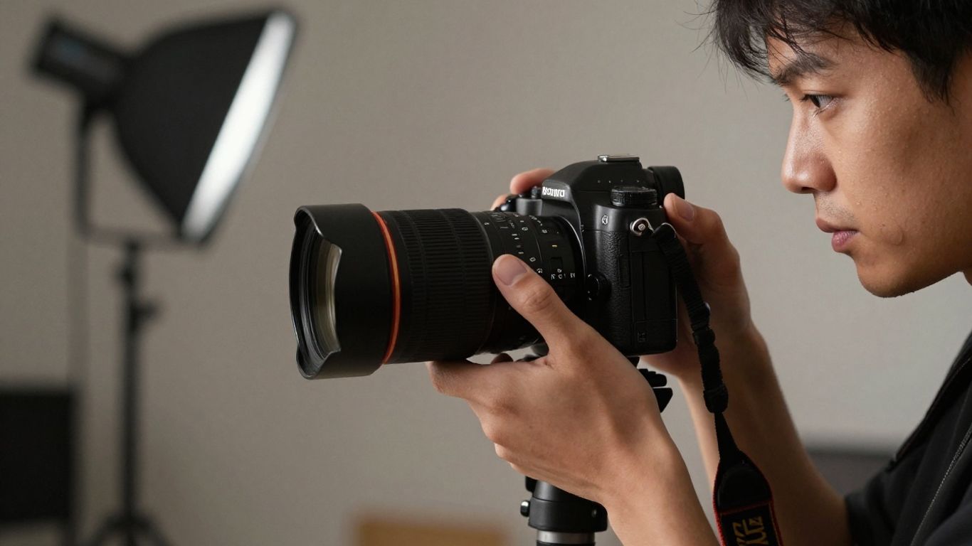 Photographer preparing camera for a photoshoot.