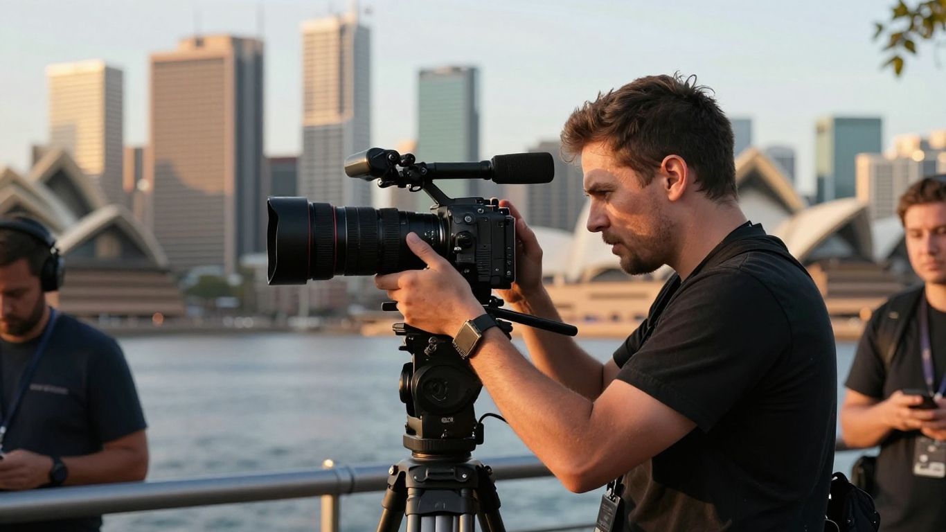 Sydney videographer filming cityscape at sunset.