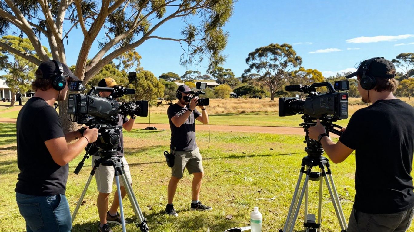 Australian film production set with cameras and crew.