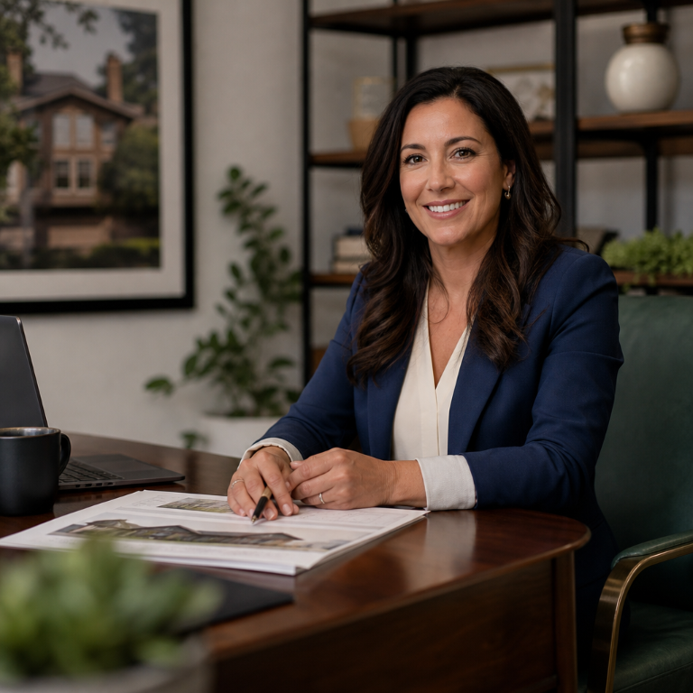 Smiling real estate agent seated at a desk with property listings, a laptop, and office decor.