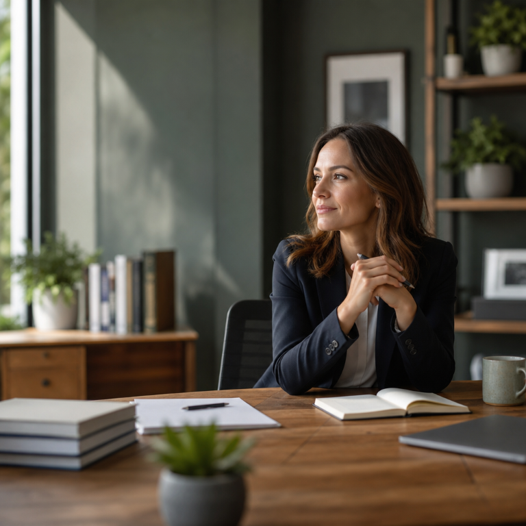 Real estate professional seated at a wooden desk, looking out a sunlit office window.