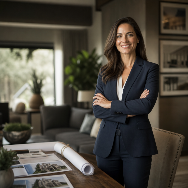 Confident real estate agent in a navy suit stands beside a desk with property plans.